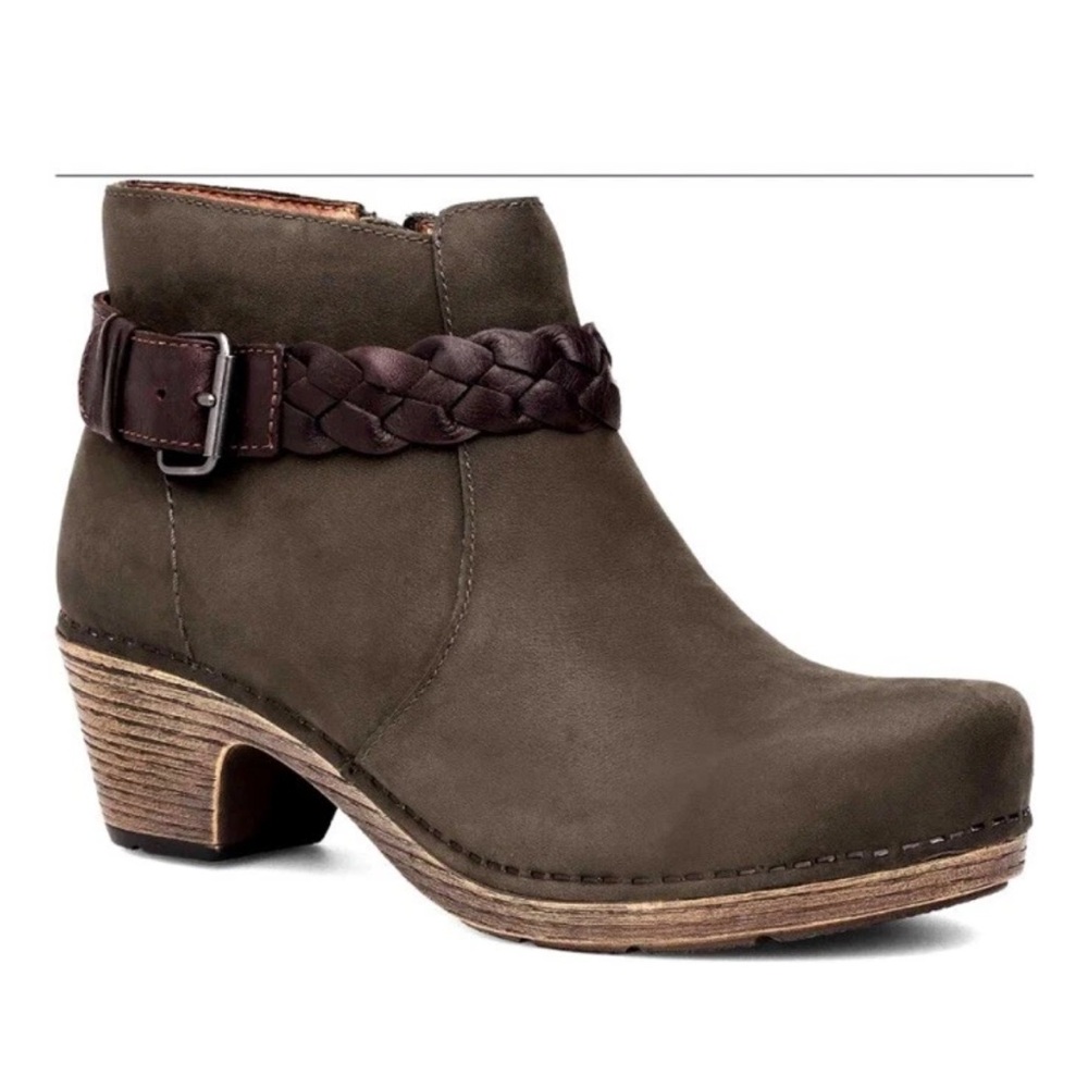 Dansko Michelle Milled Olive Ankle Booties with Braided Strap 37